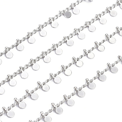 Real Platinum Plated Handmade Brass Curb Chains, with Flat Round Charms and Spool, Soldered, Long-Lasting Plated, Real Platinum Plated, Link: 3x2x1mm, Flat Round: 6x3x1.5mm, about 32.8 Feet(10m)/roll