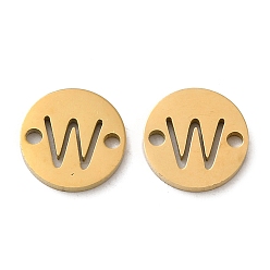 Letter W Ion Plating(IP) 304 Stainless Steel Connector Charms, Flat Round with Letter, Golden, Letter W, 9x1~1.5mm, Hole: 1~1.4mm