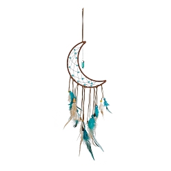 Moon Handmade Leather Woven Net/Web with Feather Wall Hanging Decoration, with Iron Rings, Wooden Beads & Synthetic Turquoise, for Home Offices Amulet Ornament, Moon Pattern, 650mm
