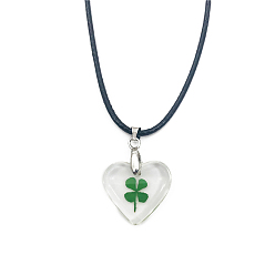 Heart Resin with Clover Pendant Necklace with Waxed Cotton Cord for Women, Heart Pattern, Pendant: 10~35mm