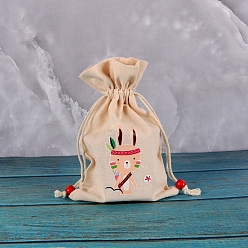 Rabbit Printed Rectangle Cotton Storage Bags, Drawstring Pouches Packaging Bag, Rabbit, 23x15cm