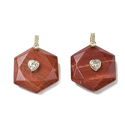Red Jasper Natural Red Jasper Faceted Pendants, Hexagon Charms with Brass Pave Heart Clear Cubic Zirconia Findings, Golden, 38x28.5x13mm, Hole: 5.5x4.5mm
