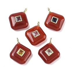 Красный Агат Природные сердолик подвески, Подвески в виде ромбов с золотистой латунной микропаве из кубических цирконий разных цветов, 22.5~23.5x17.5x5.5~7 мм, отверстие : 2.5x1.5 мм