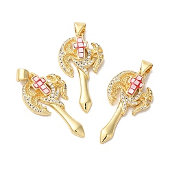Red Axe Shapes Rack Plating Brass Cubic Zirconia Pendants, with Enamel & Shell, Long-Lasting Plated, Lead Free & Cadmium Free, Real 18K Gold Plated, Red, 31x16x3mm, Hole: 4x5mm