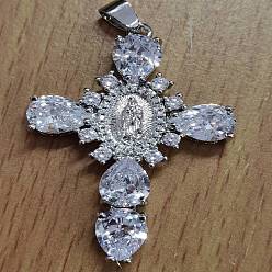 Платина Реечное покрытие латунь микро паве разноцветные подвески из кубического циркония, без кадмия и без свинца, крест со святым, платина, 45.5x29x6 мм, отверстие : 4x6 мм