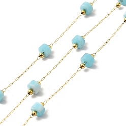Larimar Ion Plating(IP) 316 Surgical Stainless Steel Paperclip Chains, with Imitation Larimar Column Beads, Soldered, Real 18K Gold Plated, with Spool, Link: 2.5x1x0.3mm
