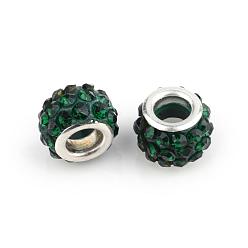 Emerald Polymer Clay Rhinestone European Beads, Large Hole Beads, Rondelle, with Silver Color Plated Brass Cores, Emerald, 10~12x7~8mm, Hole: 5mm
