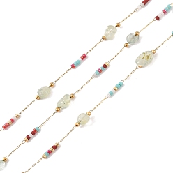 Настоящее золото 18K Цепи из натуральных агатовых звеньев, с бисерным стеклом и ионным покрытием (IP) 316 цепь из нержавеющей стали, пайки, с катушками, реальный 18 k позолоченный, 12~14x2.5~4x3~4 мм