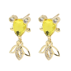 Желтый Серьги-гвоздики в форме рыбок из латуни с микропаве из кубических цирконий, со стеклом, стойки покрытие, золотые, желтые, 20.5x10.5 мм
