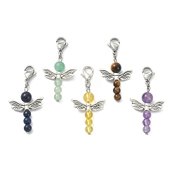 Mixed Stone Natural & Synthetic Gemstone Pendant Decorations, with Tibetan Style Alloy Beads and 304 Stainless Steel Lobster Claw Clasps, Angel, 42mm, 5pcs/set