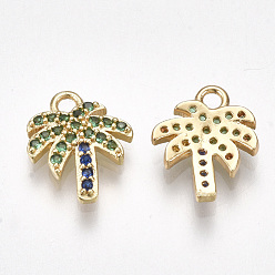 Real 18K Gold Plated Brass Cubic Zirconia Charms, Coconut Tree, Green, Real 18K Gold Plated, 11x9x2mm, Hole: 1.4mm
