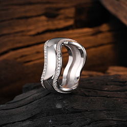 Platinum 12# Stylish Vintage Wave Snake Ring with Zircon Stone - 925 Sterling Silver French Design