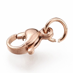 Rose Gold Ion Plating(IP) 304 Stainless Steel Lobster Claw Clasps, With Jump Ring, Rose Gold, 10x7x3mm, Hole: 3.2mm, Jump Ring: 5x0.6mm