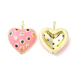 Pink Real 16K Gold Plated Brass Micro Pave Colorful Cubic Zirconia Pendants, with Enamel, Heart Charms, Pink, 17x14x3.5mm, Hole: 3.5x1.5mm
