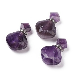 Amethyst Rhombus Natural Amethyst Perfume Bottle Pendants, with 304 Stainless Steel Findings, Faceted, Stainless Steel Color, 26~27x17~17.5x8~8.5mm, Hole: 1.4mm, Capacity: about 2ml(0.06 fl. oz)