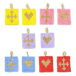 Mixed Color 2Pcs 2 Style Handmade MIYUKI Japanese Seed Loom Pattern Seed Beads, Rectangle with Cross & Eye Pendants, Mixed Color, 25~25.5x16x2mm, Hole: 2.5mm, 1Pc/style