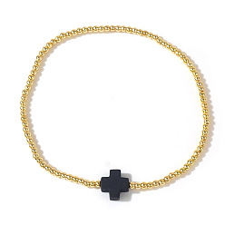 Черный Браслеты-цепочки из натуральных драгоценных камней и латунных бусин для женщин, чёрные, внутренний диаметр: 6-7/8 дюйм (17.5 см)