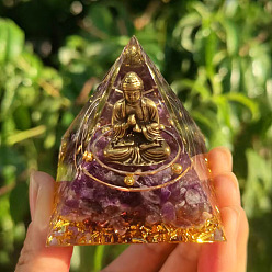 Amethyst Orgonite Pyramid Resin Energy Generators, Reiki Natural Amethyst Chips and Buddha Inside for Home Office Desk Decoration, 50x50x50mm