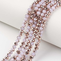 Pink Electroplate Glass Beads Strands, Imitation Jade, Half Copper Plated, Faceted, Rondelle, Pink, 3.5x3mm, Hole: 0.4mm, about 123~127pcs/strand, 13.7~14.1 inch(35~36cm)