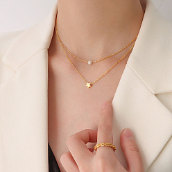 P001 - Golden Star Pearl Double Layer Necklace Double-layered Star Pendant Pearl Necklace with Titanium Steel 18K Gold Collarbone Chain