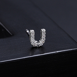 Letter U Platinum Brass Micro Pave Cubic Zirconia Stud Earrings, Initial Letter, Letter U, No Size
