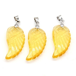 Citrine Natural Citrine Pendants, with Platinum Tone Brass Findings, Wing, 35x17mm