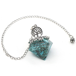 Synthetic Turquoise Synthetic Turquoise Chip & Resin Dowsing Pendulum Big Pendants, with Platinum Plated Metal Tree of Life, Diamond Charm, 290mm