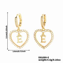 Letter E Латунные серьги-кольца в форме сердца, с четким кубического циркония, золотые, Письмо E, 31x18 мм