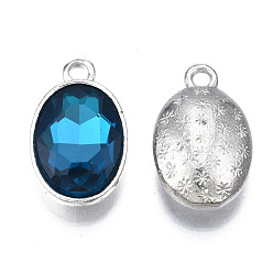 Teal Alloy Glass Pendants, Faceted, Oval, Platinum, Cadmium Free & Lead Free, Teal, 19x12x6mm, Hole: 1.8mm