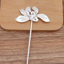 Silver Alloy Hair Stick Findings, Rhinestones Settings, with Iron Pins, Flower, Silver, 120mm