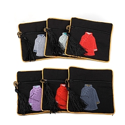 Black Linen Cloth Embroidery Clothes Jewelry Storage Zipper Pouches with Tassel, for Earrings Rings Bracelets, Square, Random Pattern, Black, 11.5x11.5cm