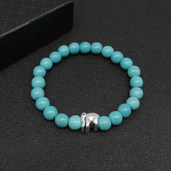 Éléphant Bracelets extensibles turquoise synthétique pour femmes et hommes, avec des perles en alliage d'animaux de style tibétain, éléphant, pas de taille