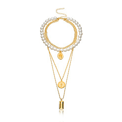 golden Chic Pearl Round Pendant Necklace for Women - Elegant and Versatile Multi-layered Accessory