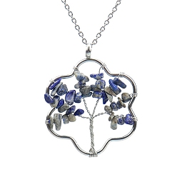 Sodalite Natural Sodalite Chips Beaded Flower with Tree Pendant Necklaces, with Platinum Brass Chains, 20.87 inch(53cm)