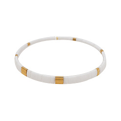Blanc Bracelets extensibles en perles de verre bohèmes pour femmes, rectangle, blanc, 6.30 pouces (16 cm) ~6.50 pouces (16.5 cm)