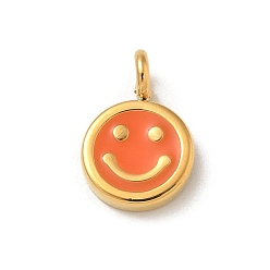 Темно-Оранжевый Ионное покрытие (ip) 304 брелоки из нержавеющей стали с эмалью, реальный 14 k позолоченный, плоский круглый шарм с улыбающимся лицом, темно-оранжевый, 9x6x1.5 мм, отверстие : 1.6 мм