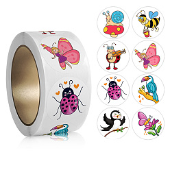 Insects Paper Self-Adhesive Animal Sticker Rolls, Round Dot Cartoon Decals for Kid's Art Craft, Insects, 25mm, 500pcs/roll