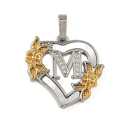 Letter M Латунь микропаве фианиты с подвесками-ракушками, Сердце и письмо, долговечный, без свинца и без кадмия, стойки покрытие, Буква М, 20x20.5x3 мм, отверстие : 3.5x5 мм