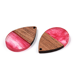 Cerise Transparent Resin & Walnut Wood Pendants, Teardrop Charms, Cerise, 36x24.5x3.5mm, Hole: 2mm