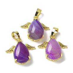 Полосатый Агат Подвески из натурального фиолетового полосатого агата (окрашенного и нагретого), подвески-слезинки с золотистыми латунными крыльями, стойки покрытие, без кадмия и без свинца, 22.5x24.5x9 мм, отверстие : 7.5x4.5 мм