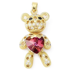 Indian Red Real 18K Gold Plated Rack Plating Brass Micro Pave Cubic Zirconia Pendants, with Glass, Long-Lasting Plated, Cadmium Free & Lead Free, Bear with Star Pattern, Indian Red, 38x19.5x9mm, Hole: 3.5x5mm
