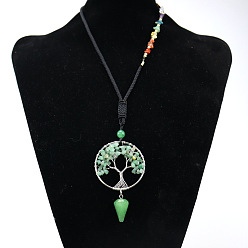 Green Aventurine Chakra Themed Natural Green Aventurine Chips Beaded Tree of Life Pendant Necklaces, Platinum Brass Wire Wrap Necklace with Mixed Stone Chips, 25.98 inch(66cm)
