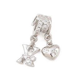 Letter X Латунные микропаве прозрачные подвески с фианитом, сердце прелести, долговечный, стойки покрытие, без кадмия и без свинца, платина, Письмо X, 23 мм, отверстия : 3 mm и 4 мм, Сердце: 8.5x8x3.5 mm, Письмо: 10x8x3.5 мм