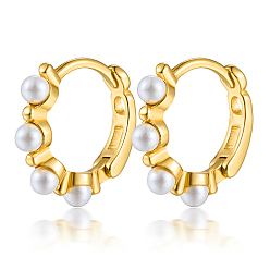 Golden 925 Sterling Silver Hoop Earrings, with Plastic Imitation Pearl, Golden, 2mm