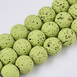 Lime Vert Brins de perles de pierre de lave naturelle peintes à la bombe, ronde, lime green, 8~9mm, Trou: 0.7mm, Environ 47~48 pcs/chapelet, 15.75 pouce (40 cm)