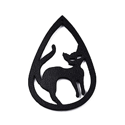 Cat Shape Halloween Theme Imitation Leather Pendants, Teardrop, Black, Cat Pattern, 52~55x33~34x1~2mm, Hole: 1.4~1.5mm