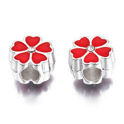 Красный Эмали сплава Европейский бисером, бусины с большим отверстием, без кадмия и без свинца, серебряные, цветок, красные, 11.5x11.5x8.5 мм, отверстие : 4.5 мм