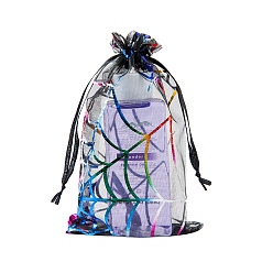 Black Halloween Theme Rectangle Printed Organza Drawstring Bags, Colorful Spider Web Pattern, Colorful, 15x10cm