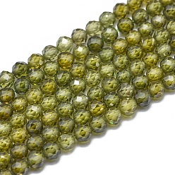 Olive Drab Cubic Zirconia Beads Strands, Faceted, Round, Olive Drab, 4mm, Hole: 0.8mm, about 91pcs/strand, 15 inch(38cm)