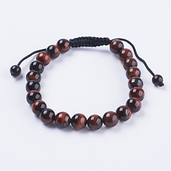 Tiger Eye Adjustable Nylon Cord Braided Bead Bracelets, with Tiger Eye Beads, 2-1/8 inch(55mm)